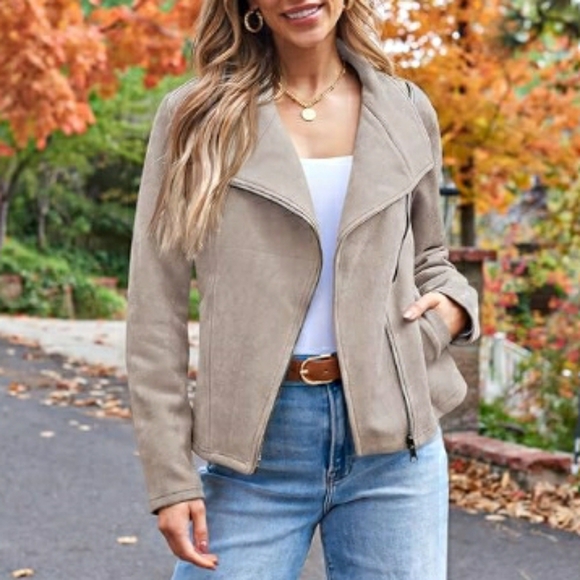 Women Faux Leather Cropped Open Front Coat Cardigan Style Jacket Tan - Picture 5 of 6